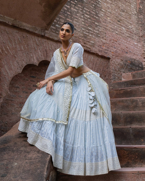 Ice blue big border Lehenga with Embroidered Dupatta