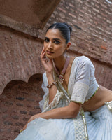 Ice blue big border Lehenga with Embroidered Dupatta