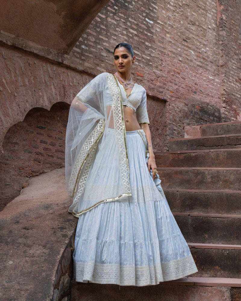 Ice blue big border Lehenga with Embroidered Dupatta