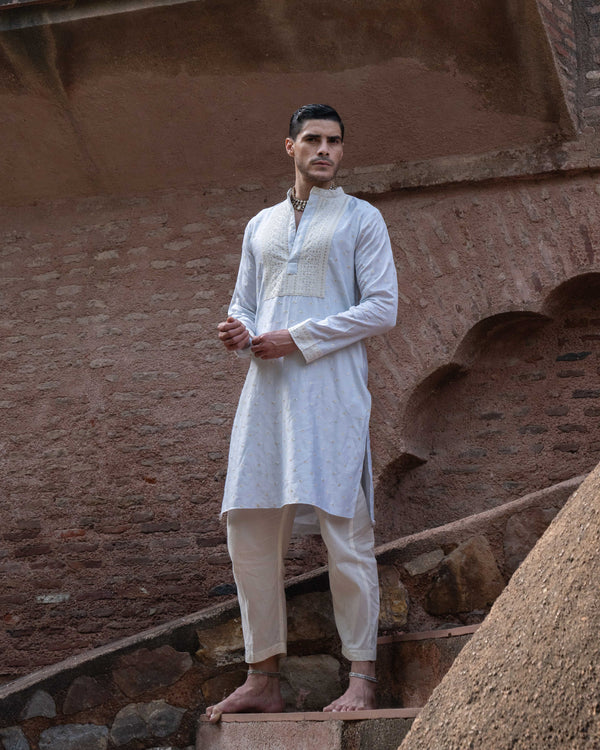 Ice Blue Big Border Full Embroidered Kurta set