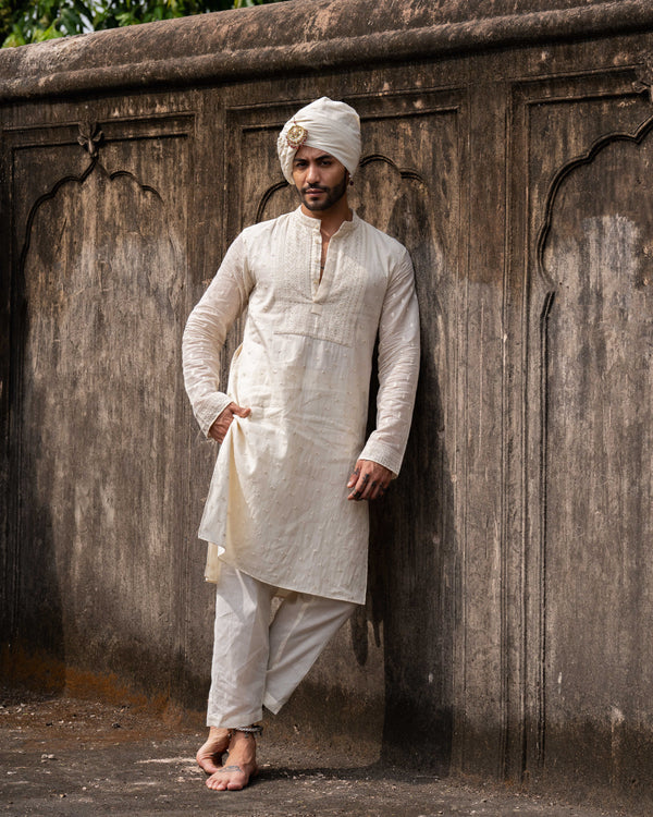 Off White Big Border Full Embroidered Kurta with Pants