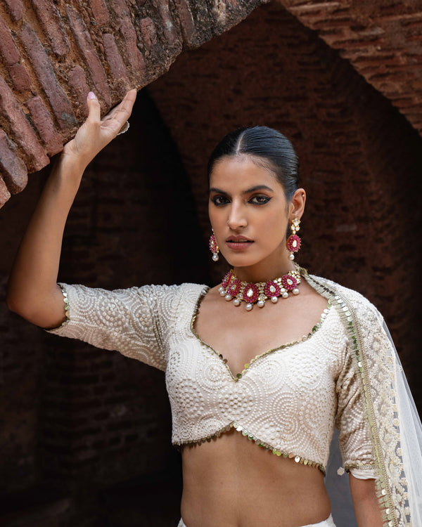 Gold circle & off white line Lehenga with Embroidered Dupatta