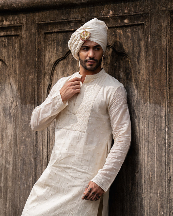 Off White Big Border Full Embroidered Kurta with Pants