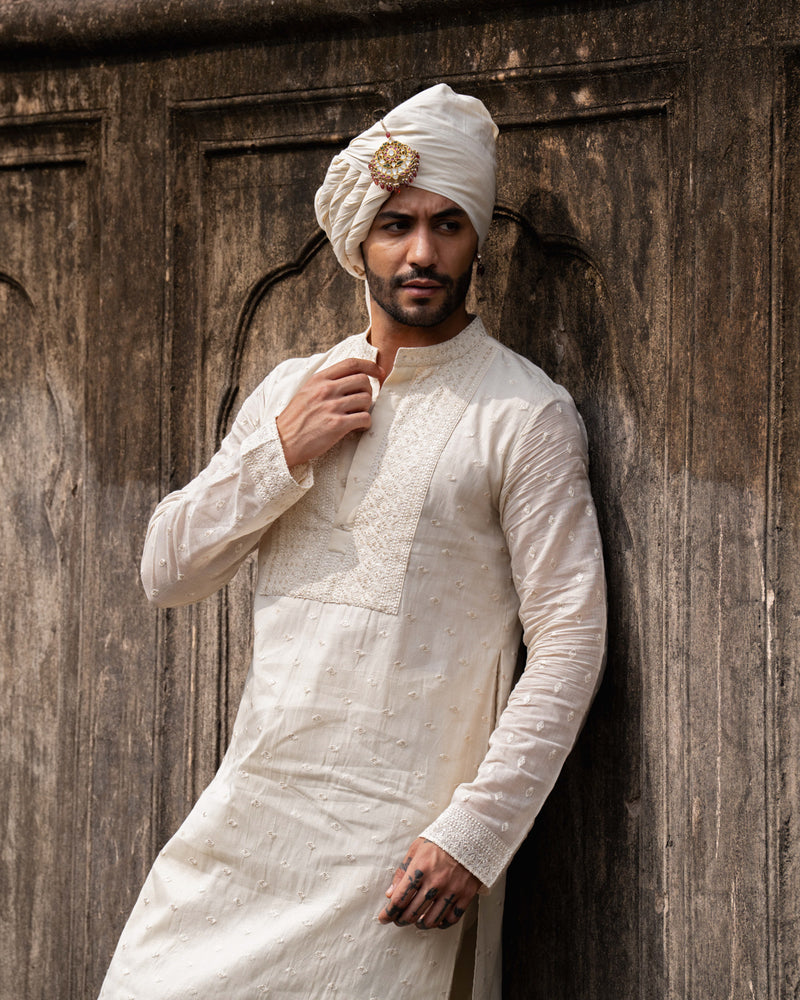Off White Big Border Full Embroidered Kurta with Pants