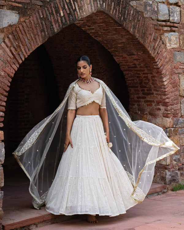Gold circle & off white line Lehenga with Embroidered Dupatta