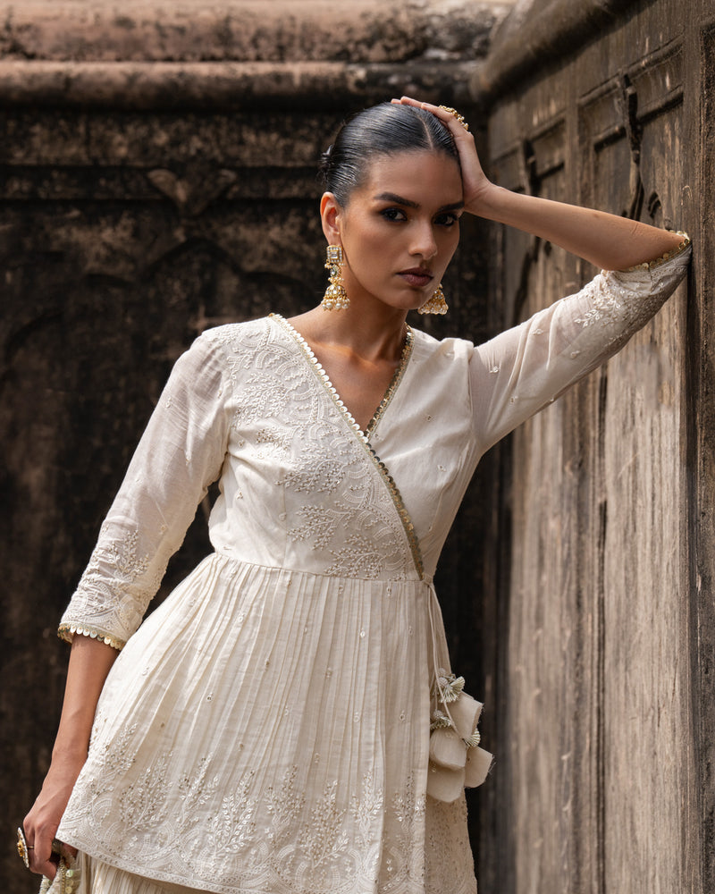 Off white golden Forest peplum sharara with emroidered dupatta