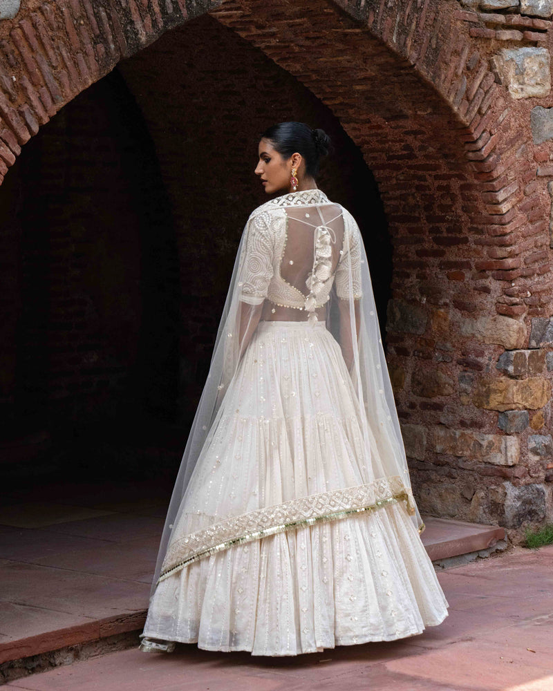 Gold circle & off white line Lehenga with Embroidered Dupatta