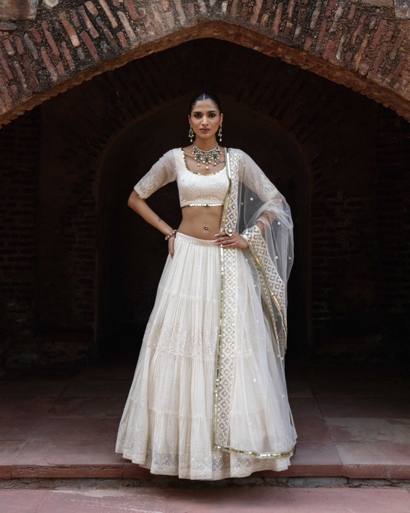 Gold & off white forest Lehenga with Embroidered Dupatta