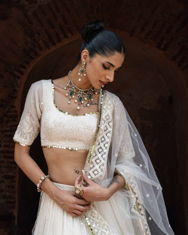 Gold & off white forest Lehenga with Embroidered Dupatta