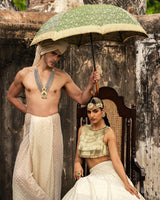 Gold & off white fringe Lehenga with Embroidered Dupatta