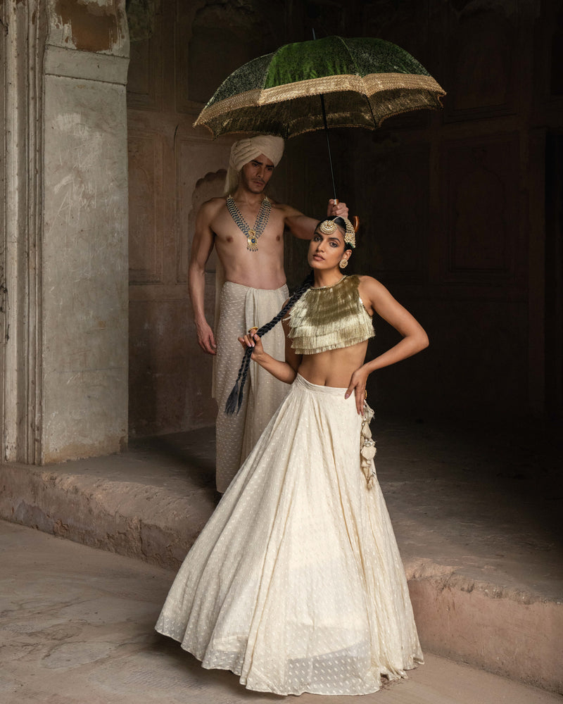 Gold & off white fringe Lehenga with Embroidered Dupatta