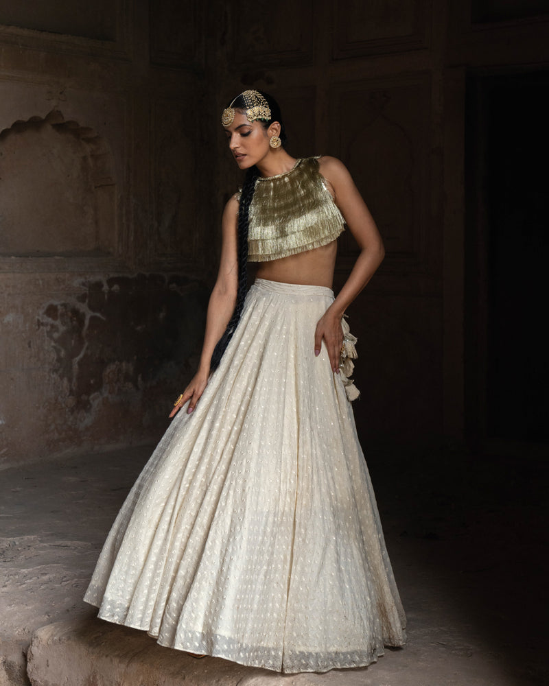 Gold & off white fringe Lehenga with Embroidered Dupatta