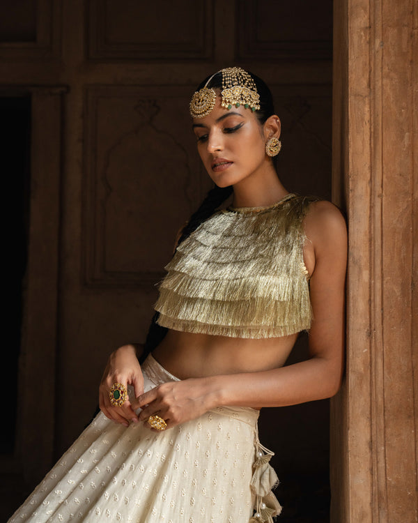 Gold & off white fringe Lehenga with Embroidered Dupatta