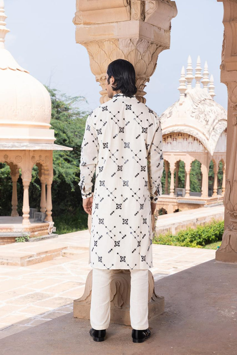 Black & White Full Embroidered BK Kurta with SK Collared Embroidery