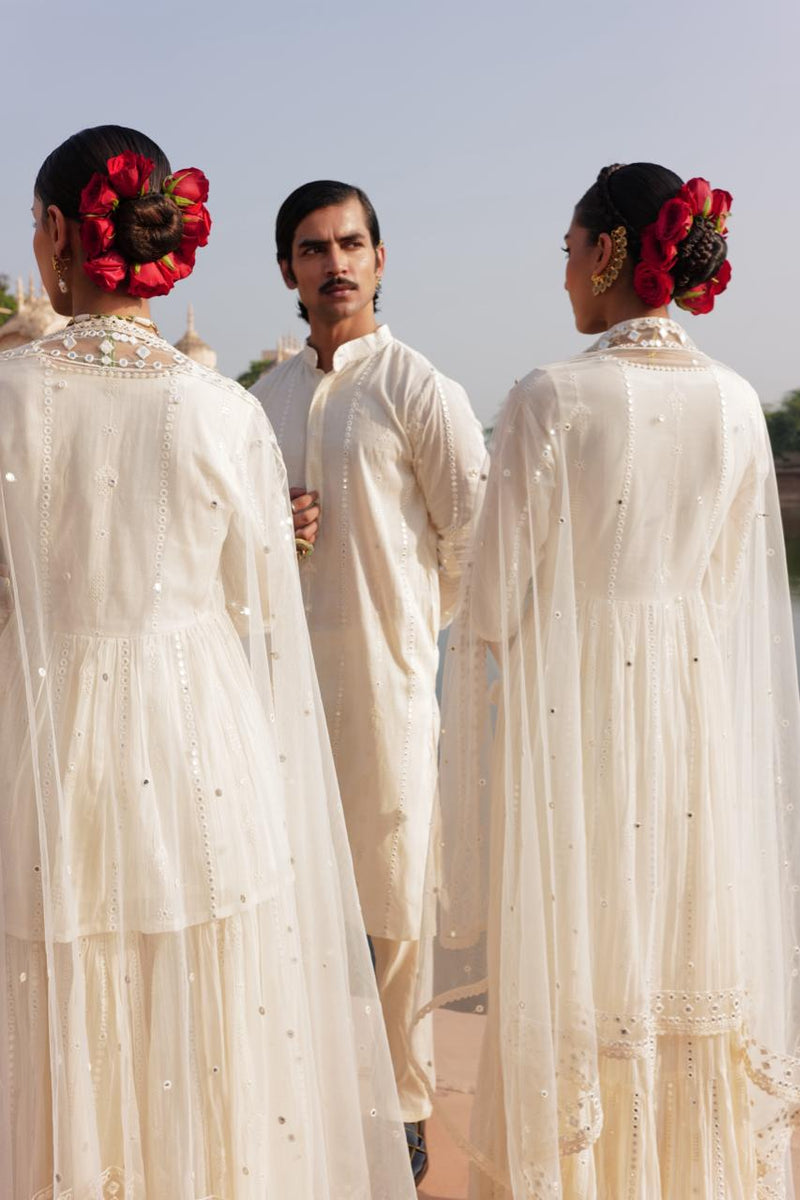 Off White Criss Cross Embroidered Kurta with Pants