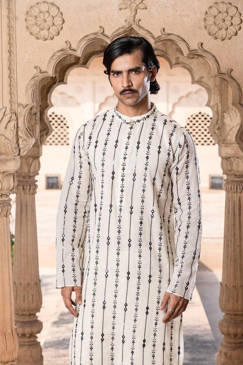 Two Diamond Black & White Fully Embroidered Kurta with Pants