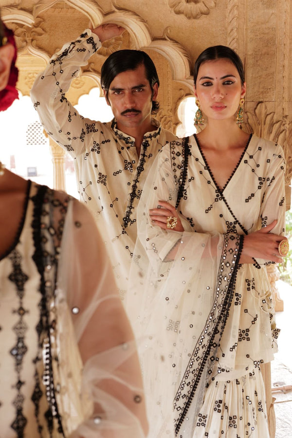 Black & White Full Embroidered BK Kurta with SK Collared Embroidery