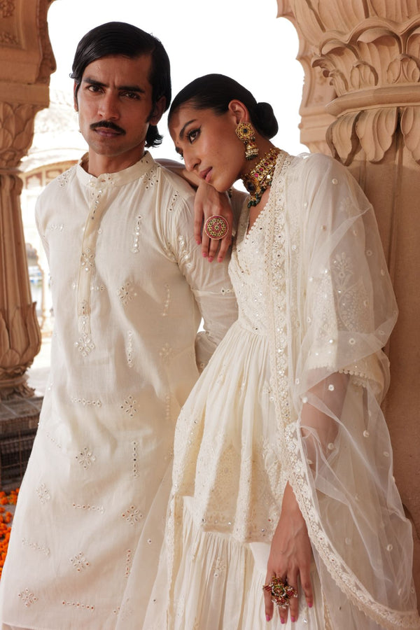 Off White Center Square Full Embroidered Kurta with Pants