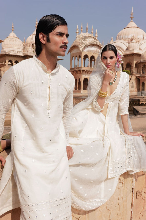 Off White Three Line Embroidered Kurta with Pants
