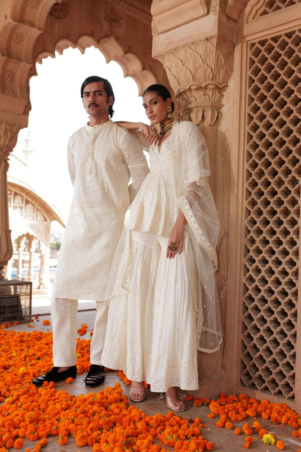 Off White Center Square Full Embroidered Kurta with Pants