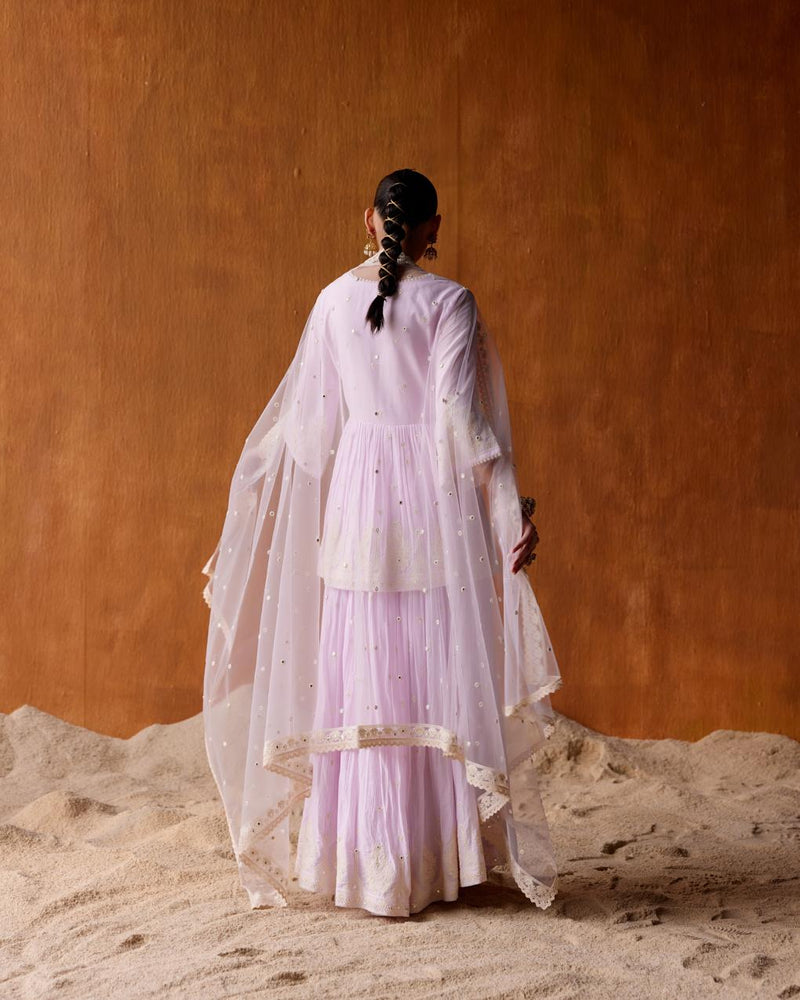 Lavender all-over Embroidered Tower Peplum Sharara with Dupatta