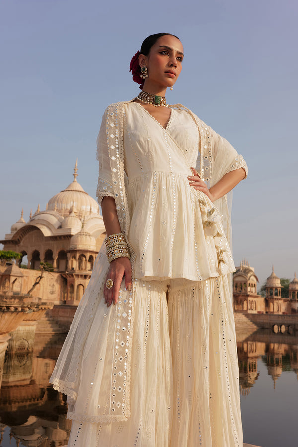 Off-White Criss-Cross Peplum Sharara with Line Embroidered Dupatta