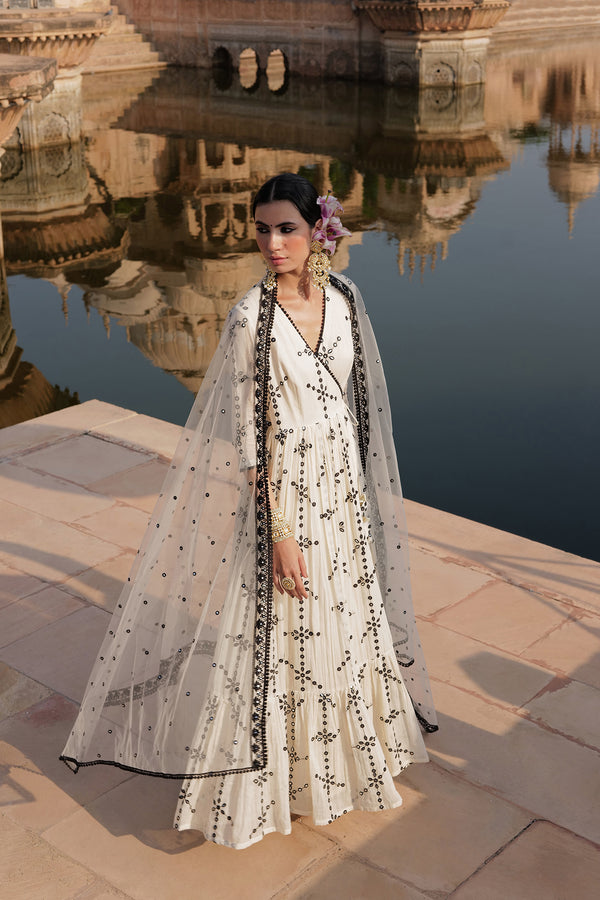 Black & White Big Flower Angrakha with Embroidered Dupatta