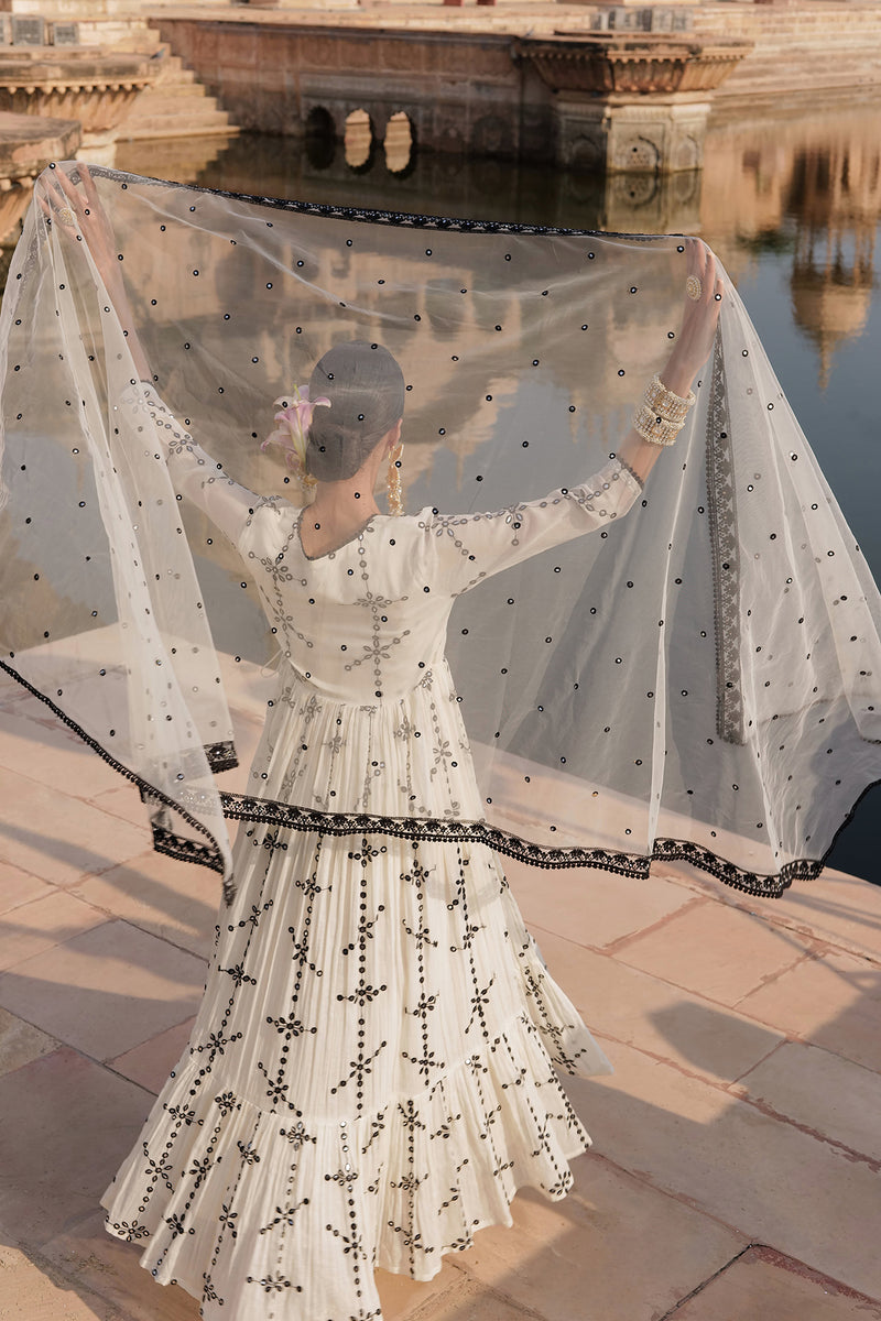 Black & White Big Flower Angrakha with Embroidered Dupatta