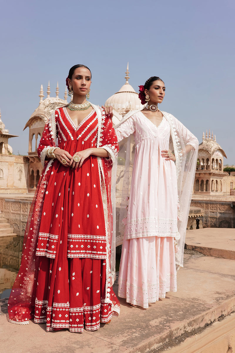 Blush Pink Three Line Embroidered Kurta with Lehenga and Embroidered Dupatta