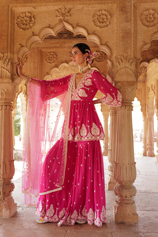 Hot Pink all-over Embroidered Tower Peplum Sharara with Dupatta