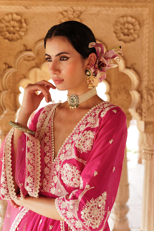 Hot Pink all-over Embroidered Tower Peplum Sharara with Dupatta