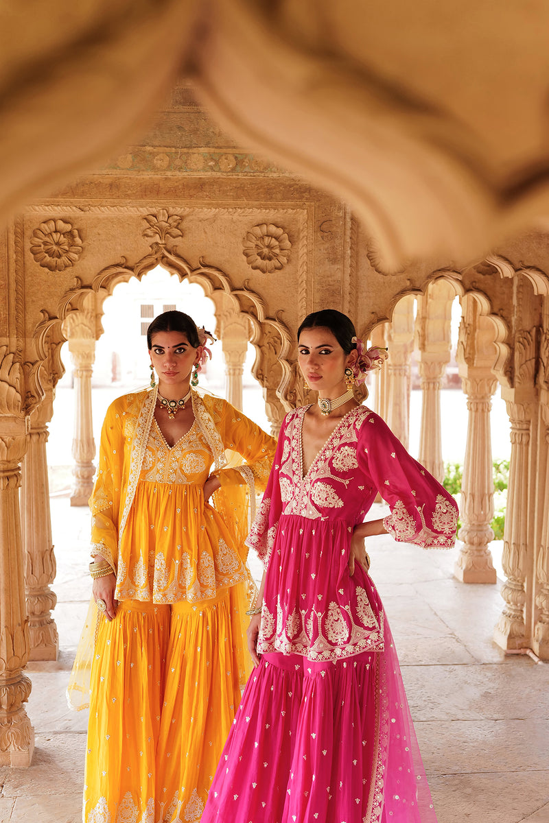 Hot Pink all-over Embroidered Tower Peplum Sharara with Dupatta