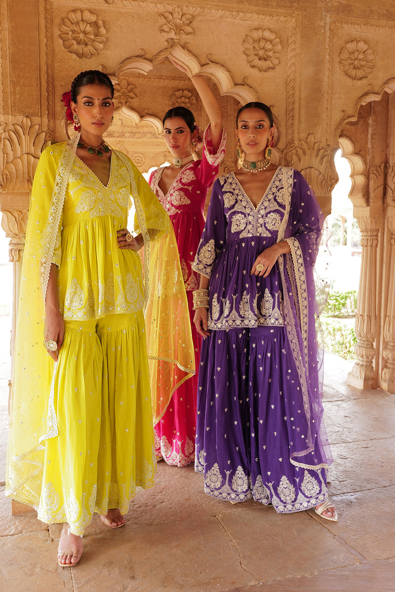 Purple all-over Embroidered Tower Peplum Sharara with Dupatta