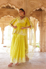 Neon Green all-over Embroidered Tower Peplum Sharara with Dupatta