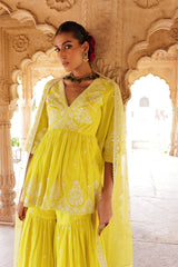 Neon Green all-over Embroidered Tower Peplum Sharara with Dupatta