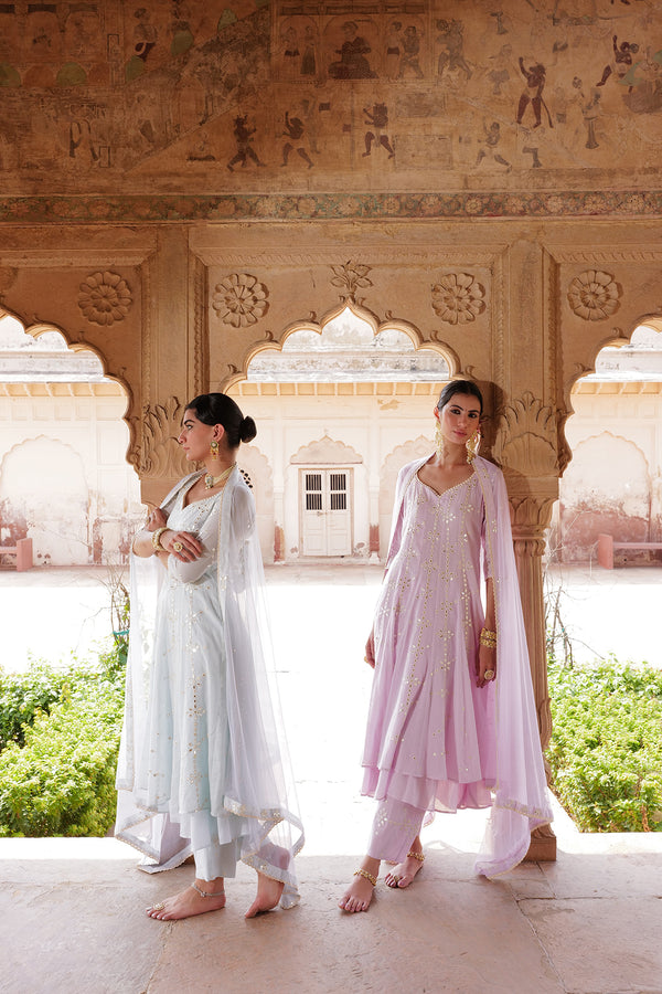 Ice Blue Big Flower Anarkali With Dupatta