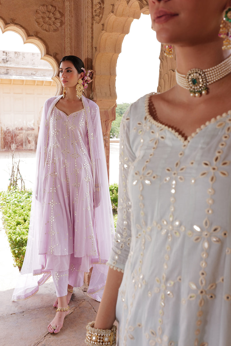 Ice Blue Big Flower Anarkali With Dupatta