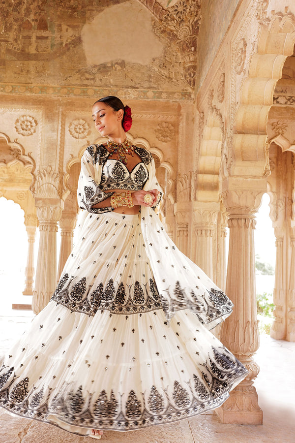 Black & White Tower Lehenga with Embroidered Jacket