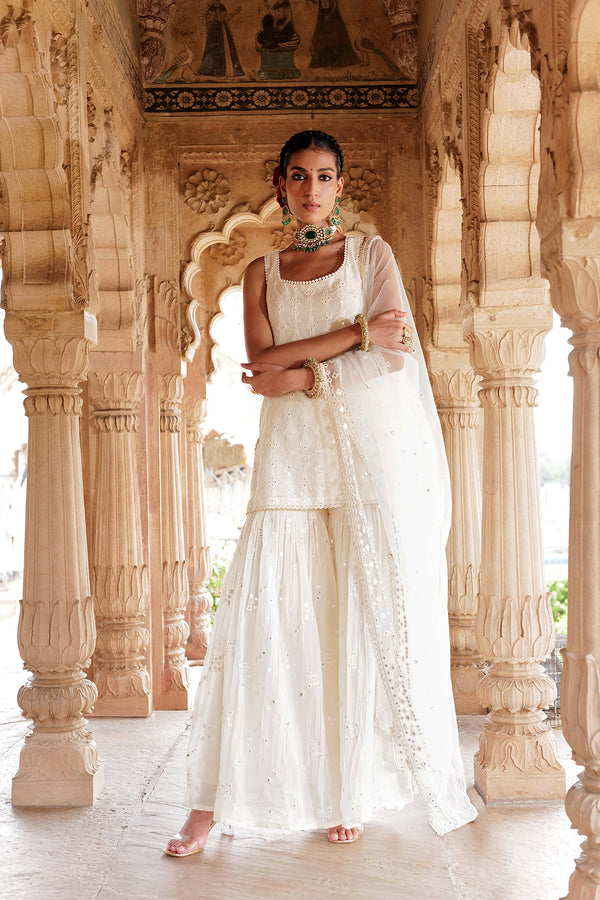 Off White SK-BK all-over Embroidered Straight Sharara with Dupatta