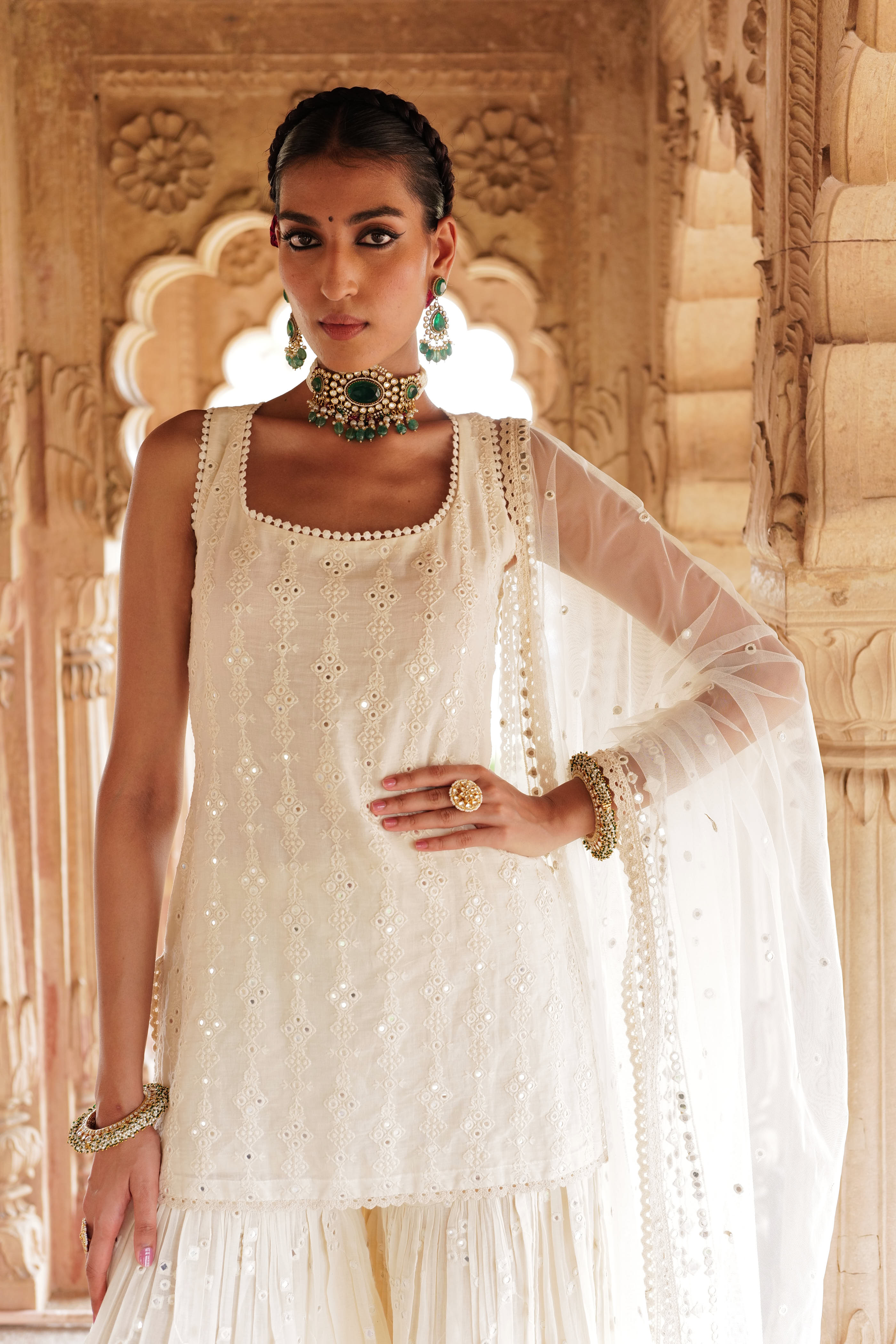 Women Off White Embroidered Straight Kurta Sharara With Dupatta  Set