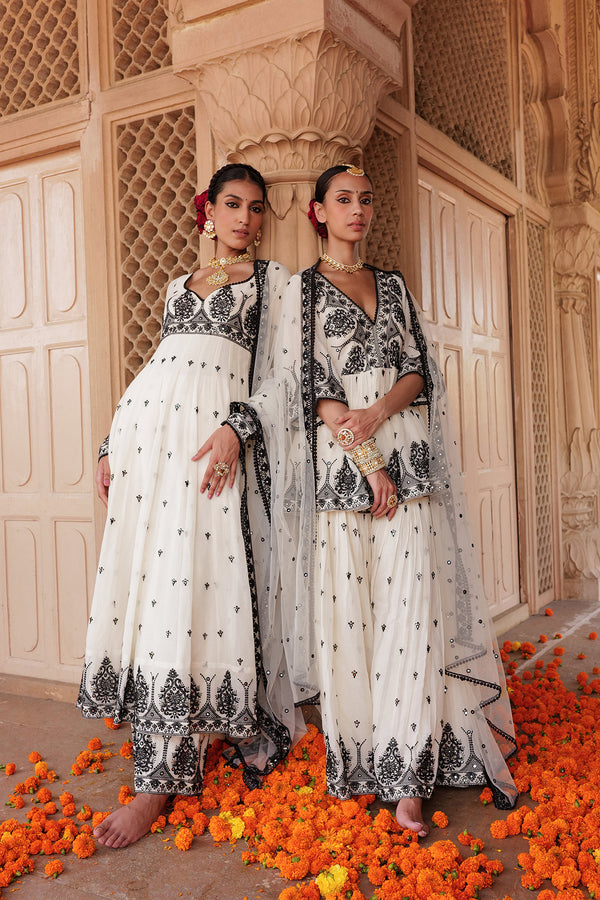 Black & White Tower Anarkali With Embroidered Dupatta