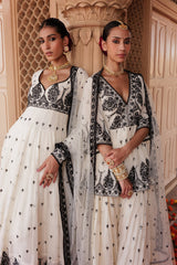 Black & White all-over Embroidered Tower Peplum Sharara with Dupatta