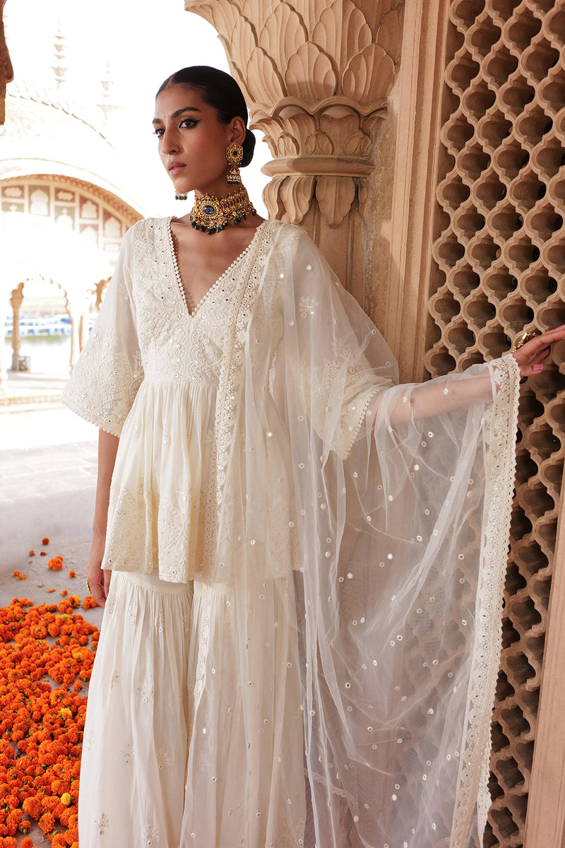 Off White all-over Ambi Embroidered Peplum Sharara with Dupatta