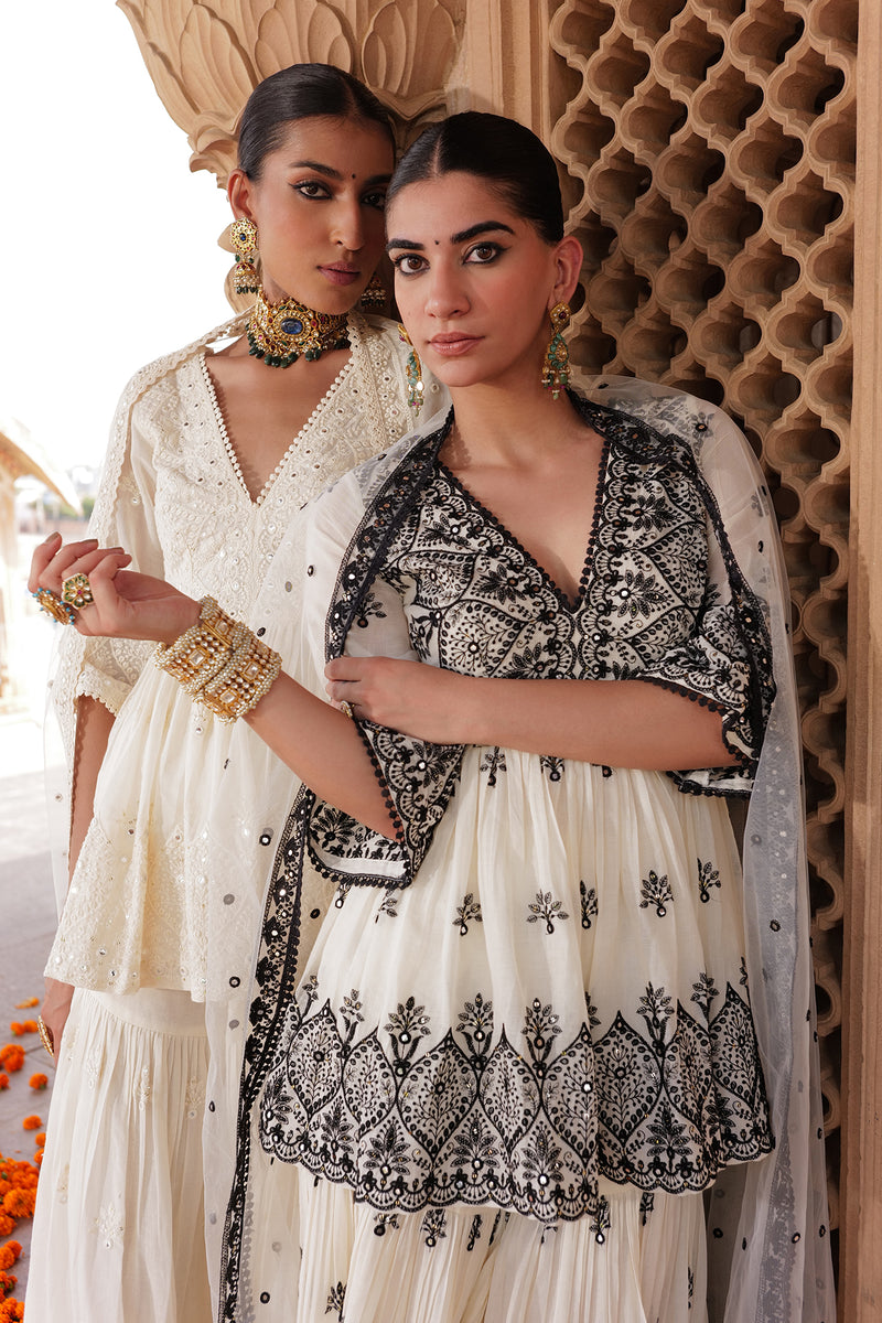 Off White all-over Ambi Embroidered Peplum Sharara with Dupatta