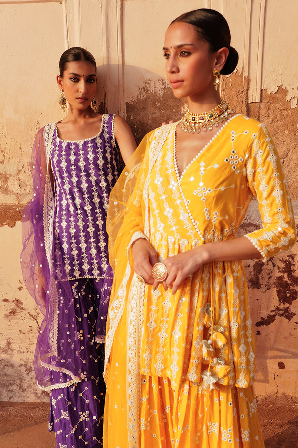 Orange SK-BK all-over Embroidered Peplum Sharara with Dupatta