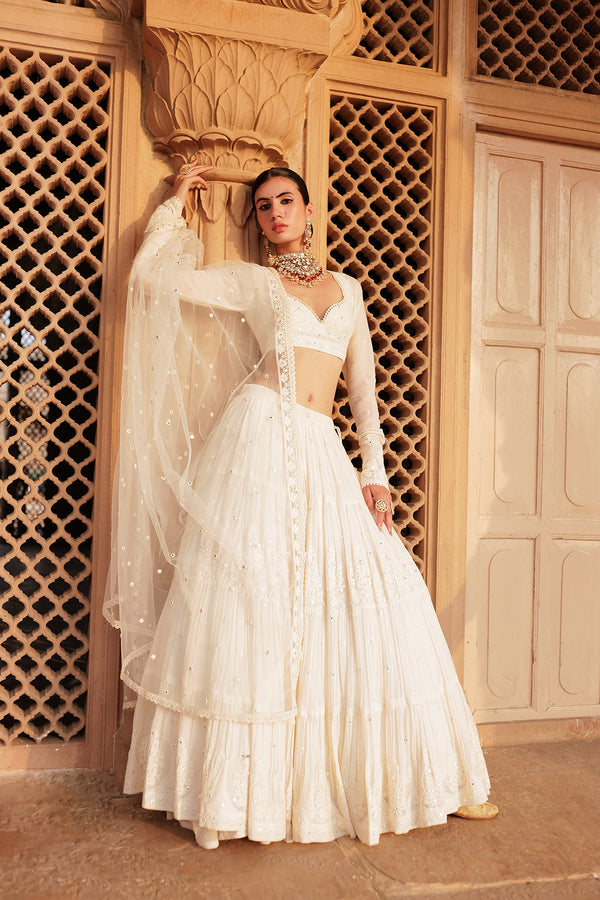 Off White Tower Lehenga with Embroidered Dupatta