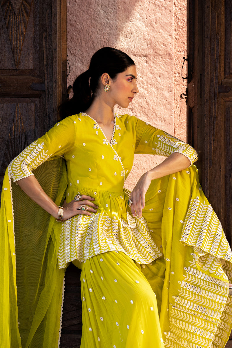 Neon Green Leaf Peplum Sharara