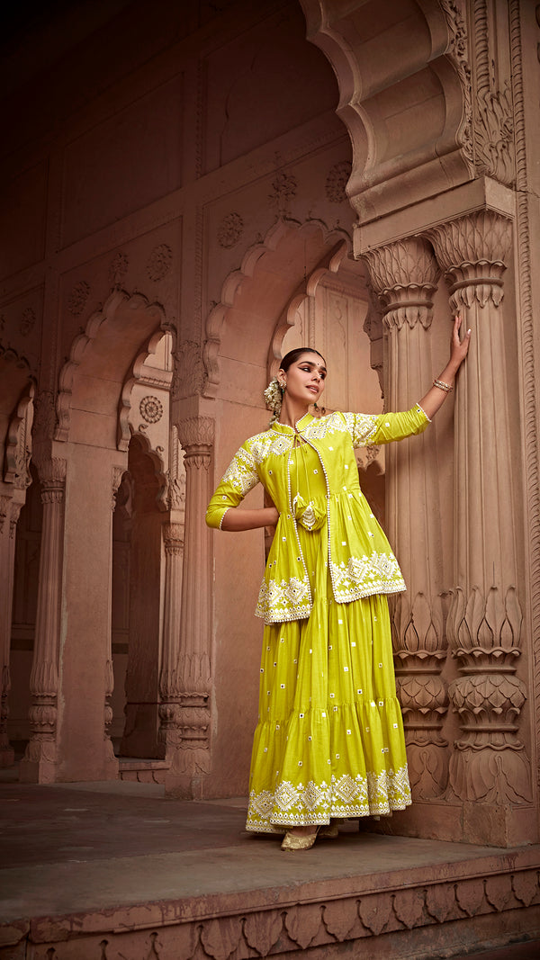 Neon Green Diamond Jacket With Anarkali