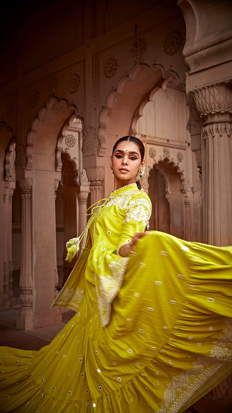 Neon Green Diamond Jacket With Anarkali