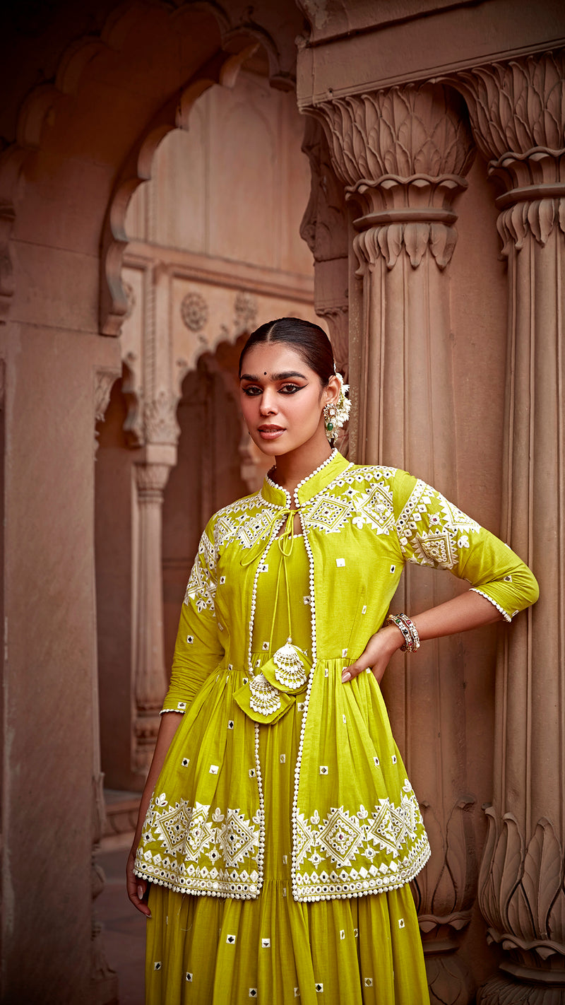 Neon Green Diamond Jacket With Anarkali